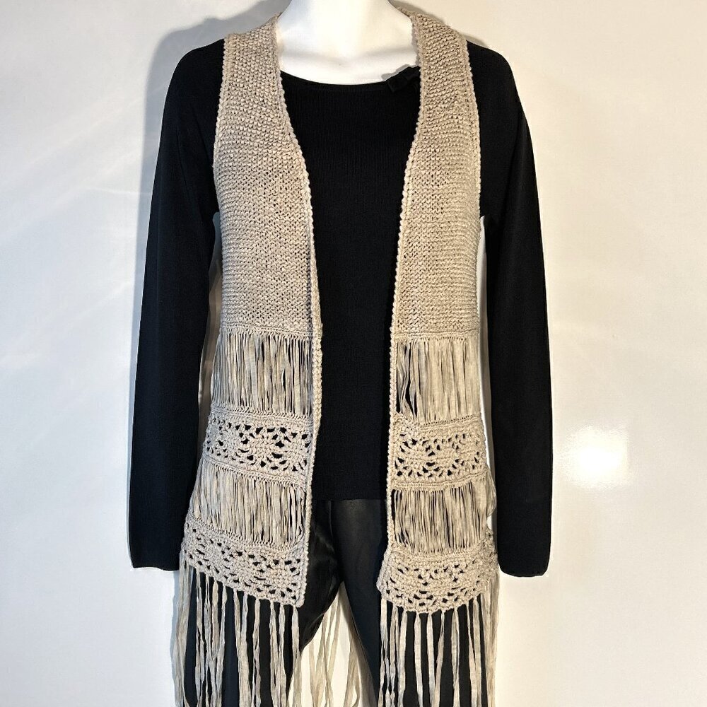 Love 21 SZ S Natural Crochet Fringe Long Vest bohemian 70's Cottage core Retro